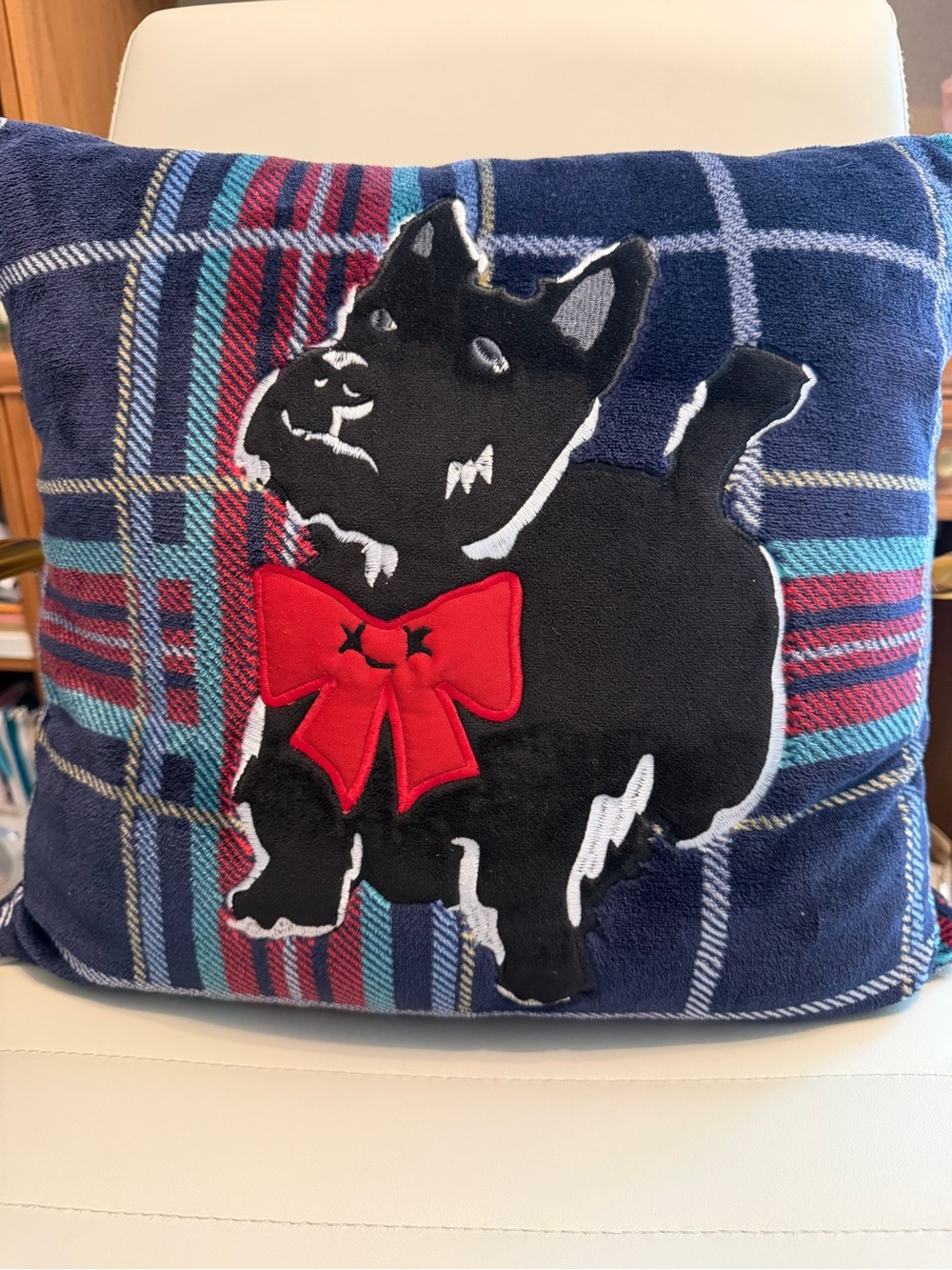 Vera Bradley Plaid Scottie Dog Decorative Throw Pillow - Navy with Red Bow